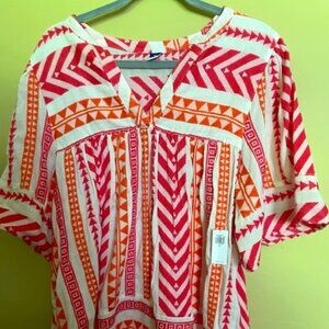 NWT XL Short-Sleeve Textured V-Neck Top Red/Pink Orange GEO * OLD NAVY* Jacquard